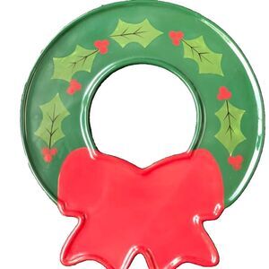 Christmas Holiday Wreath Appetizer Plate Holly Berries Red Bow Festive 10.5 x12"
